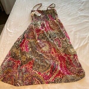 NWT  Sundress Pink Cream Black Gathered Bodice Cotton Maxi Size L (Girls)